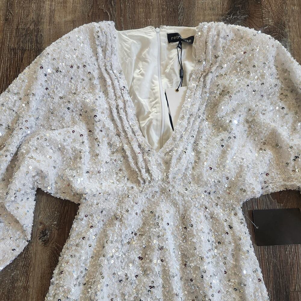 Retrofete Camille Sequin Chiffon Dress V Neck Long Sleeve Maxi White Size XS NWT - Picture 3 of 12